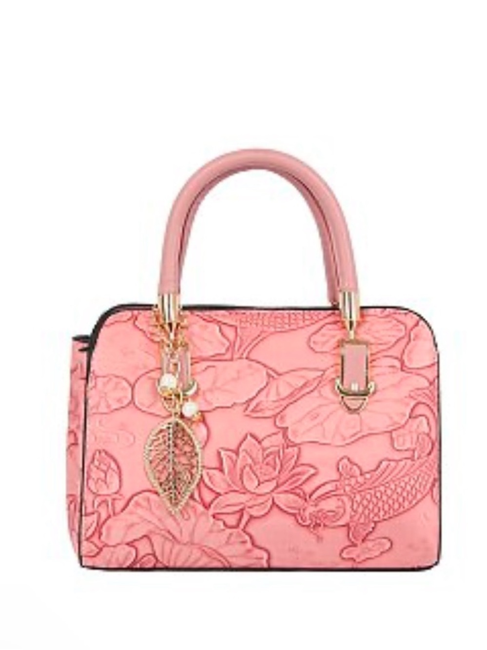 Pink Floral Embossed Satchel Handbag - Gold Leaf Charm